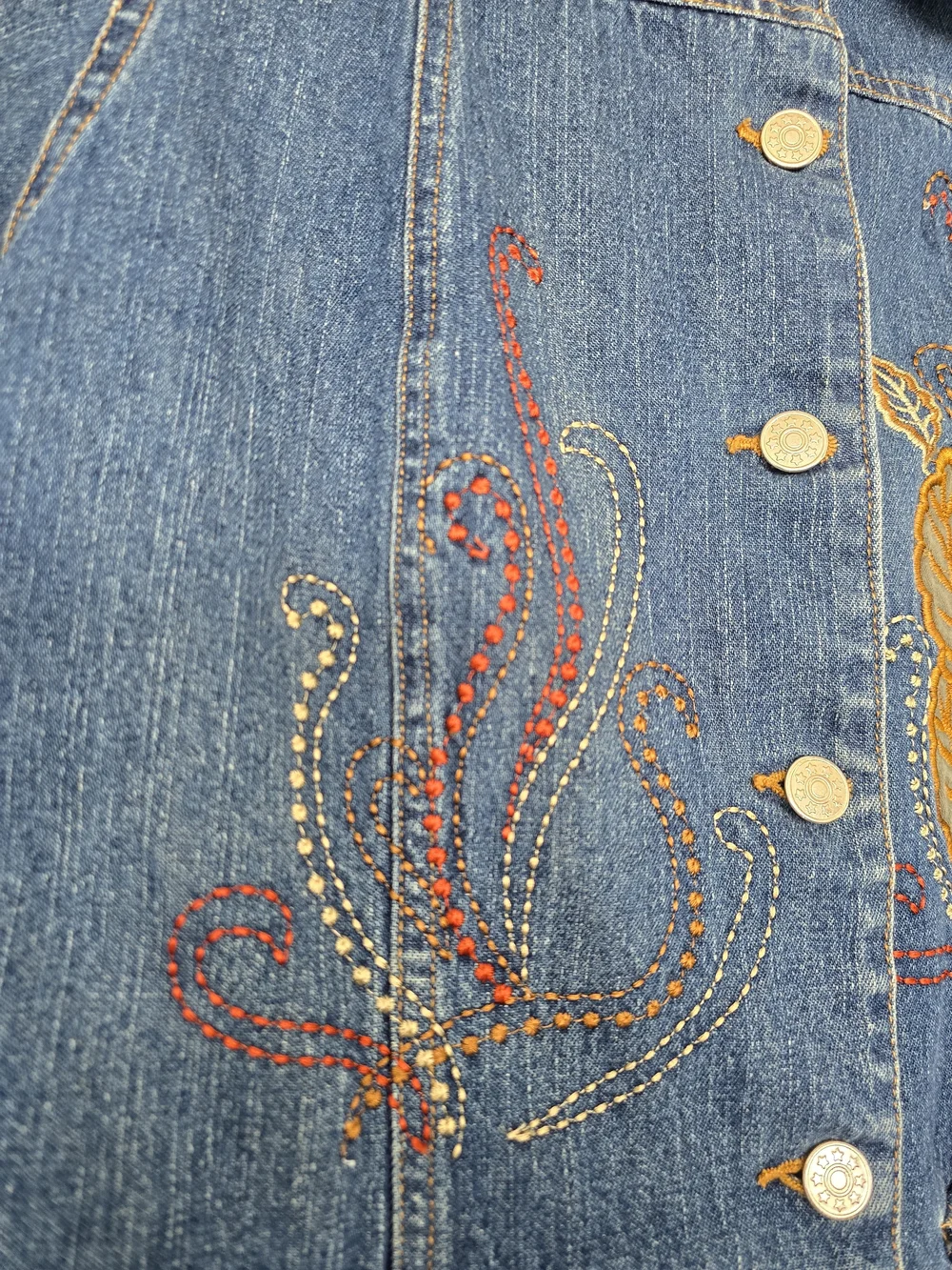 Embroidered Blue Denim Jacket with Fall Leaf Motif - Picture 10 of 17